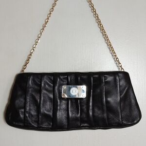 Antonio Melani Black Leather Pleated Clutch with Gold Chain
